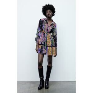 ZARA NWT Mini Short Boho Long Sleeve Dress Floral Button Belted Ruffle Black XS